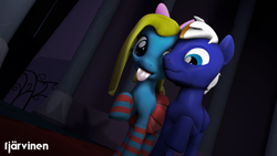 Size: 1920x1080 | Tagged: safe, artist:tjarvinengts, oc, oc only, oc:cuteamena, oc:electric blue, species:pegasus, species:pony, 3d, bow, clothing, couple, electricute, female, male, shipping, socks, source filmmaker, striped socks, tongue out