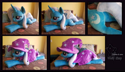Size: 10821x6223 | Tagged: safe, artist:wollyshop, character:trixie, species:pony, bed, butt, cape, clothing, female, hat, irl, photo, plot, plushie, trixie's cape, trixie's hat