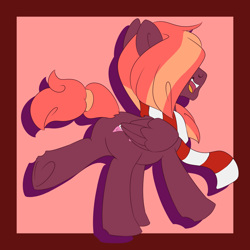Size: 3000x3000 | Tagged: safe, artist:jennithedragon, oc, oc only, oc:shrimp scampi, species:pegasus, species:pony, border, clothing, male, pink background, scarf, simple background, solo, stallion, underhoof