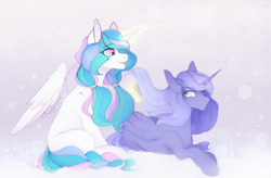 Size: 1024x671 | Tagged: safe, artist:velirenrey, character:princess celestia, character:princess luna, species:alicorn, species:pony, alternate hairstyle, braided tail, comb, cute, cutelestia, duo, ear fluff, eye clipping through hair, female, lunabetes, magic, mare, missing cutie mark, one eye closed, open mouth, pigtails, profile, prone, royal sisters, shoulder fluff, siblings, sisters, sitting, telekinesis, twintails, wing fluff