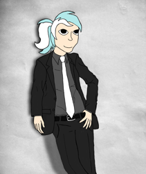 Size: 3120x3696 | Tagged: safe, artist:jesterofdestiny, derpibooru original, character:lyra heartstrings, species:human, clothing, digitally colored, dress shirt, female, humanized, leaning on wall, looking at you, necktie, ponytail, simple background, solo, suit, traditional art