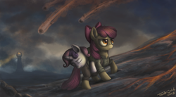 Size: 1950x1075 | Tagged: safe, artist:turbosolid, character:apple bloom, character:sweetie belle, species:earth pony, species:pony, species:unicorn, barad-dûr, clothing, crossover, duo, eye of sauron, female, filly, foal, frodo baggins, lord of the rings, parody, samwise gamgee, sauron, the one ring