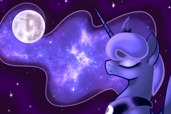 Size: 900x600 | Tagged: safe, artist:twighat, character:princess luna, species:alicorn, species:pony, bust, eyes closed, female, full moon, horn, jewelry, mare, mare in the moon, moon, portrait, profile, regalia, solo, space, tiara