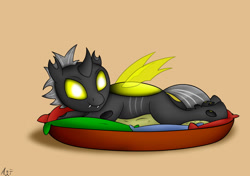 Size: 1024x721 | Tagged: safe, artist:atomfliege, oc, oc only, oc:warplix, species:changeling, basket, changeling oc, looking at you, male, pillow, pony in a basket, simple background, solo, yellow changeling