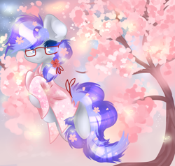 Size: 2869x2729 | Tagged: safe, artist:fluffire, oc, oc only, oc:cinnabyte, species:earth pony, species:pony, cherry blossoms, cherry blossoms trees, clothing, earth pony oc, female, flower, flower blossom, flower in hair, glasses, japan, kimono (clothing), mare