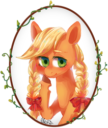 Size: 800x943 | Tagged: safe, artist:akiiri, character:applejack, species:earth pony, species:pony, alternate hairstyle, bow, braid, bust, colored hooves, cute, female, hair bow, hatless, jackabetes, mare, missing accessory, portrait, solo