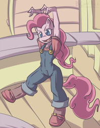 Size: 787x1000 | Tagged: safe, artist:countaile, character:pinkie pie, species:anthro, fangs, overalls
