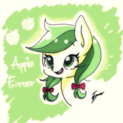 Size: 630x630 | Tagged: safe, artist:zoomiso, character:apple fritter, species:earth pony, species:pony, apple, apple family member, bow, bust, cute, female, food, fritterbetes, hair bow, mare, open mouth, portrait, solo
