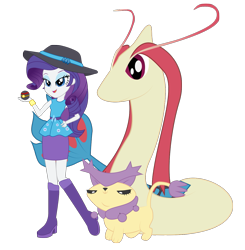 Size: 1157x1181 | Tagged: safe, artist:maretrick, character:rarity, my little pony:equestria girls, ball, boots, clothing, crossover, delcatty, hat, milotic, pokémon, raised leg, shoes