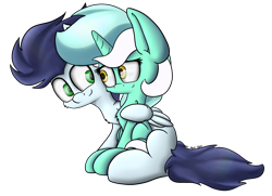 Size: 2945x2129 | Tagged: safe, artist:machstyle, character:lyra heartstrings, character:soarin', species:pegasus, species:pony, species:unicorn, ship:lyrin', big ears, cuddling, cute, female, fluffy, high res, iforgotthecutiemark, love, male, mare, shipping, simple background, sitting, stallion, straight