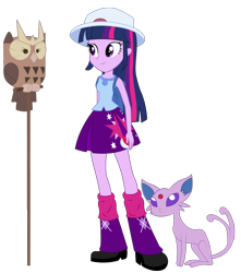 Size: 816x925 | Tagged: safe, artist:maretrick, character:owlowiscious, character:twilight sparkle, my little pony:equestria girls, backpack, ball, clothing, crossover, espeon, hat, noctowl, pokémon
