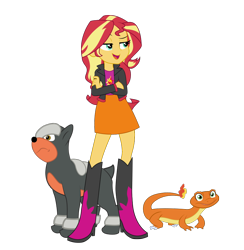 Size: 930x954 | Tagged: safe, artist:maretrick, character:ray, character:sunset shimmer, my little pony:equestria girls, boots, charmander, crossed arms, crossover, houndour, lidded eyes, pokémon, ray, shoes