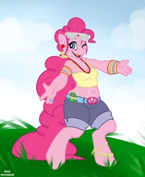 Size: 750x914 | Tagged: safe, artist:muzz, character:pinkie pie, species:anthro, breasts, chubby, cleavage, female, midriff, plump, solo