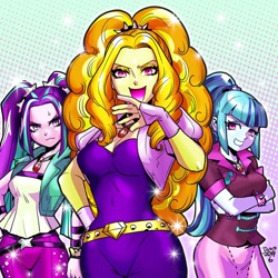 Size: 900x900 | Tagged: safe, artist:babtyu, character:adagio dazzle, character:aria blaze, character:sonata dusk, equestria girls:rainbow rocks, g4, my little pony: equestria girls, my little pony:equestria girls, breasts, crossed arms, female, gem, looking at you, noblewoman's laugh, siren gem, sweat, sweatdrop, the dazzlings, trio