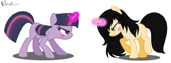 Size: 3012x1104 | Tagged: safe, artist:princessrainbowdream, artist:xxkawailloverchanxx, base used, character:mean twilight sparkle, character:twilight sparkle, oc, oc:meriella, species:pony, species:unicorn, episode:the mean 6, g4, my little pony: friendship is magic, blushing, glowing horn, horn, simple background, transparent background