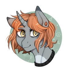 Size: 844x947 | Tagged: safe, artist:karamboll, species:pony, species:unicorn, big brows, bust, gray, horn, nails, portrait, red hair, smiling, solo, yellow eyes