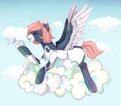 Size: 2900x2550 | Tagged: safe, artist:karamboll, species:pegasus, species:pony, blue, cloud, fly, lying down, lying on a cloud, pink, pink hair, relaxing, short tail, sky, solo, spots, wings