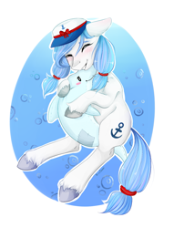 Size: 1685x2200 | Tagged: safe, artist:karamboll, species:earth pony, species:pony, anchor, blue, blushing, bubble, clothing, dolphin, hat, hug, pigtails, sailor, smiling, solo, toy, water, white