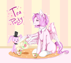 Size: 2900x2550 | Tagged: safe, artist:karamboll, species:pegasus, species:pony, species:rabbit, animal, carpet, clothing, eyes closed, food, pink, pot, sitting, socks, solo, tea, tea party, toy, using wings, wall
