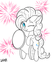 Size: 1959x2358 | Tagged: safe, artist:lamb, character:pinkie pie, species:earth pony, species:pony, bipedal, blep, cute, diapinkes, female, fireworks, floppy ears, one eye closed, party cannon, signature, sketch, solo, tongue out, wink