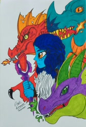 Size: 2304x3402 | Tagged: safe, artist:boyoxhot, character:dragon lord torch, character:garble, character:princess ember, character:spike, species:dragon, species:human, bloodstone scepter, crossover, daenerys targaryen, dragon lord ember, female, fire, game of thrones, humanized, male, marker drawing, traditional art