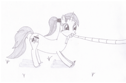 Size: 2048x1355 | Tagged: safe, artist:ragmo, oc, oc only, species:pony, species:unicorn, newbie artist training grounds, atg 2019, female, monochrome, rope, simple background, standing, traditional art, tug of war, white background