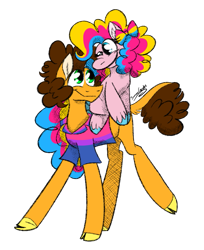 Size: 977x1200 | Tagged: safe, artist:summer-cascades, character:cheese sandwich, character:pinkie pie, species:earth pony, species:pony, ship:cheesepie, bisexual, bisexual pride flag, bow, clothing, female, hair bow, hooves, male, mare, pansexual, pansexual pride flag, pride, pride month, shipping, shirt, stallion, straight