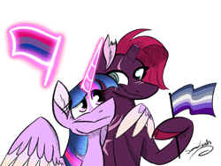 Size: 2048x1536 | Tagged: safe, artist:summer-cascades, character:fizzlepop berrytwist, character:tempest shadow, character:twilight sparkle, character:twilight sparkle (alicorn), species:alicorn, species:pony, species:unicorn, ship:tempestlight, bi twi, bilight sparkle, bisexual, bisexual pride flag, broken horn, butch lesbian, butch lesbian pride flag, eye scar, female, glowing horn, horn, hug, lesbian, mare, pride, pride flag, pride month, raised hoof, scar, shipping, simple background, transparent background, winghug