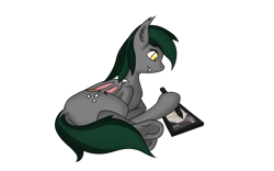 Size: 4000x2500 | Tagged: safe, artist:albinoraynedeer, oc, oc only, oc:nightwind, species:bat pony, species:pony, drawing, drawing tablet, female, smiling, tablet