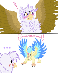 Size: 1152x1440 | Tagged: safe, artist:ambergerr, character:gilda, character:princess skystar, species:griffon, species:hippogriff, my little pony: the movie (2017), behaving like a bird, bird noises, birds doing bird things, courtship, derp, descriptive noise, female, happy, hippogriffs doing bird things, horsebird, lesbian, mating dance, screech, screeching, skylda, spread wings, wings