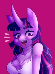 Size: 2250x3000 | Tagged: safe, artist:d-evour, artist:xalloir, character:twilight sparkle, species:anthro, bra, breasts, busty twilight sparkle, cleavage, clothing, female, frilly underwear, looking at you, open mouth, pink underwear, solo, tongue out, underwear