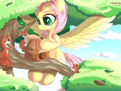 Size: 2000x1500 | Tagged: safe, artist:velcius, character:fluttershy, species:pegasus, species:pony, blushing, chipmunk, colored eyebrows, colored eyelashes, colored pupils, cute, female, flying, humble bundle, mare, shyabetes, smiling, spread wings, squirrel, tree, tree branch, wings