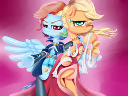 Size: 1700x1275 | Tagged: safe, artist:velcius, character:applejack, character:rainbow dash, species:pony, applejack is not amused, blushing, clothing, dancing, dress, rainbow dash is not amused, unamused
