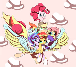 Size: 1722x1537 | Tagged: safe, artist:velcius, character:applejack, character:fluttershy, character:pinkie pie, character:rainbow dash, character:rarity, character:starlight glimmer, character:sunset shimmer, commission, flying, fusion, india, indian mythology, multiple heads, mythology, tongue out, uchchaihshravas, what has science done