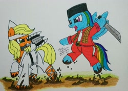Size: 3314x2368 | Tagged: safe, artist:boyoxhot, character:applejack, character:rainbow dash, species:earth pony, species:pegasus, species:pony, axe, bipedal, crossover, dirty, female, indonesia, jumping, machete, mare, mud, si pitung, weapon, wiro sableng
