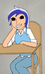 Size: 1676x2780 | Tagged: safe, artist:jesterofdestiny, derpibooru original, character:minuette, species:human, chair, clothing, digitally colored, female, humanized, looking at you, shirt, simple background, smiling, solo, sweater vest, table, traditional art