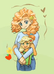 Size: 728x1004 | Tagged: safe, artist:puri__kyua, character:applejack, character:pear butter, my little pony:equestria girls, apple, cute, equestria girls-ified, female, flower, food, green background, heart, jackabetes, mother and daughter, pearabetes, pixiv, simple background, younger
