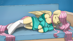 Size: 3840x2160 | Tagged: safe, artist:cluvry, character:fluttershy, species:pegasus, species:pony, clothing, cute, female, floppy ears, hoodie, human shoulders, mare, semi-anthro, shyabetes, sleeping, smiling, solo, stockings, sweater, thigh highs