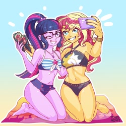Size: 900x900 | Tagged: safe, artist:babtyu, character:sunset shimmer, character:twilight sparkle, character:twilight sparkle (scitwi), species:eqg human, my little pony:equestria girls, armpits, barefoot, belly button, bikini, bikini babe, cellphone, clothing, cute, feet, female, food, geode of empathy, geode of telekinesis, glasses, magical geodes, midriff, nail polish, one eye closed, phone, ponytail, sarong, selfie, smartphone, summer sunset, sushi, sushi cone, swimsuit, wink