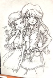 Size: 1410x2048 | Tagged: safe, artist:babtyu, character:applejack, character:rarity, my little pony:equestria girls, cute, duo, female, hand on hip, jackabetes, raribetes, traditional art