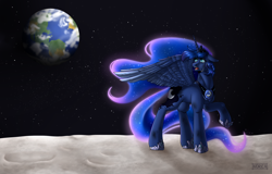 Size: 2340x1500 | Tagged: safe, artist:norica-official, character:princess luna, species:alicorn, species:pony, earth, female, looking back, mare, moon, solo