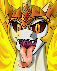 Size: 800x1000 | Tagged: safe, artist:noblebrony317, character:daybreaker, character:princess celestia, species:alicorn, species:pony, drool, fangs, female, mane of fire, maw, mawshot, open mouth, sharp teeth, solo, teeth