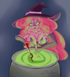 Size: 1309x1445 | Tagged: safe, artist:dragoon32, character:pinkie pie, species:anthro, species:earth pony, species:pony, clothing, female, hat, nightmare night, potion making, solo, witch, witch hat