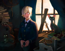 Size: 1906x1507 | Tagged: safe, artist:yanabau, character:applejack, species:human, broken window, cat, clothing, female, goldie delicious' cats, goldie delicious' house, humanized, indoors, interior, looking away, solo, three quarter view, uniform, window