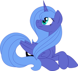 Size: 800x726 | Tagged: safe, artist:vikuskaal, character:princess luna, species:alicorn, species:pony, season 1, female, looking at something, looking back, mare, missing accessory, profile, prone, s1 luna, smiling, solo, vector