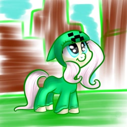 Size: 800x800 | Tagged: safe, artist:vikuskaal, character:fluttershy, species:pony, clothing, costume, creeper, creepershy, female, hoodie, kigurumi, minecraft, smiling, solo, standing, three quarter view