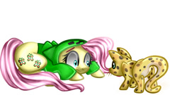 Size: 700x377 | Tagged: safe, artist:vikuskaal, character:fluttershy, species:pegasus, species:pony, cat, clothing, creeper, creepershy, crouching, cute, eye contact, female, floppy ears, frown, hoodie, looking at each other, mare, minecraft, ocelot, shrunken pupils, simple background, white background, wide eyes