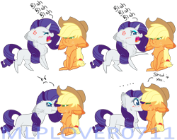 Size: 1024x811 | Tagged: safe, artist:mlplover0711, character:applejack, character:rarity, ship:rarijack, blushing, boop, chibi, cross-popping veins, cute, female, impossibly large ears, kissing, lesbian, nose wrinkle, noseboop, shipping