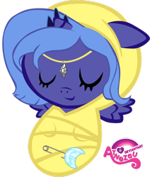 Size: 800x942 | Tagged: safe, artist:atnezau, character:princess luna, species:pony, baby, baby blanket, baby luna, baby pony, blanket, crown, cute, dawwww, female, filly, foal, happy baby, jewelry, moon, newborn, newborn baby, regalia, safety pin, sleeping, sleeping baby, small wings, solo, spread wings, swaddled, swaddled baby, wings, woona, wrapped snugly, younger