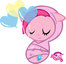 Size: 900x876 | Tagged: safe, artist:atnezau, character:pinkie pie, species:pony, baby, baby blanket, baby pony, balloon, blanket, cute, dawwww, element of laughter, eyes closed, foal, happy baby, newborn, newborn baby, safety pin, sleeping, sleeping baby, smiling, swaddled, swaddled baby, wrapped snugly